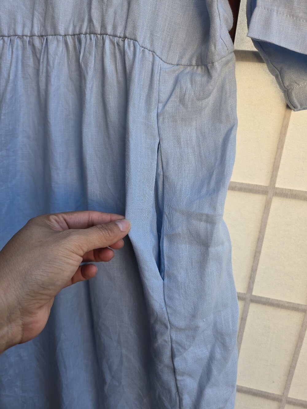 LINTICO 100% Linen Light Blue Babydoll Midi Dress Coastal Grandma Cottagecore M - Picture 11 of 12